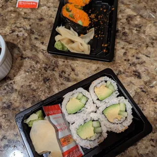 Masago nigiri $7.50, four pieces of avocado cucumber roll $7.50.... Four pieces of veggie roll should be less than 7.50.