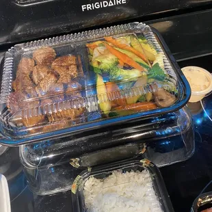 A healthy serving of the steak hibachi with sautéed vegetables