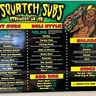 Sasquatch Subs menu as of 3/25/24