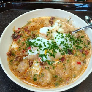 Delicious... shrimp and grits with two eggs