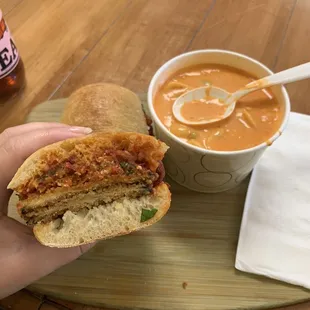 Spicy eggplant and roasted pepper, crab and tortellini soup