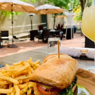 Patio area, spacious, clean.  And my scrumptious fried shrimp sandwich.