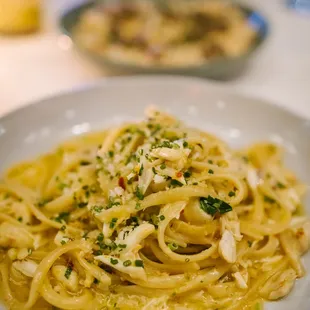 a plate of pasta with chicken and parsley