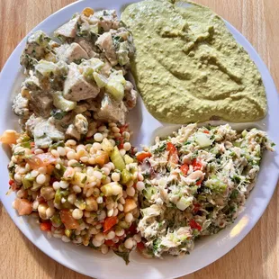 Pick-4 Sampler Chicken Salad, Jalapeno Cilantro Hummus, Tuna Salad, Pearled Couscous