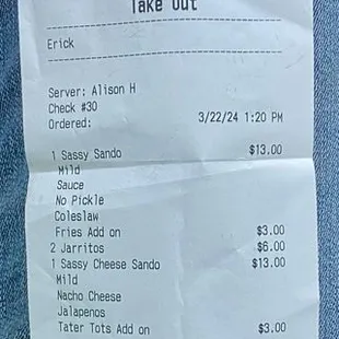 My whopping bill for a 1:00pm lunch stop!