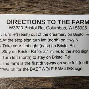 Directions to the farm from store