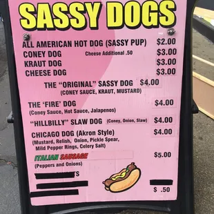 Sassy Dog Menu