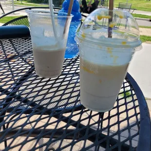 Left: Cold brew coffee float  Right: Hot honey mango shake