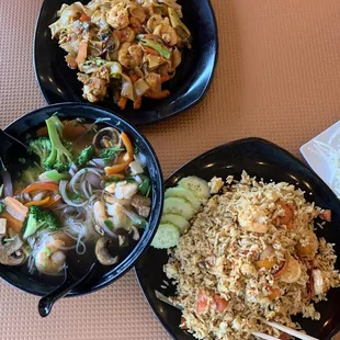 P12. Vegan Pho added shrimp S7. Sassy's Basil Stir Fry added shrimp S5. Drunken Noodle added shrimp