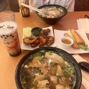 Brown sugar milk tea, small beef pho, wings, and egg rolls