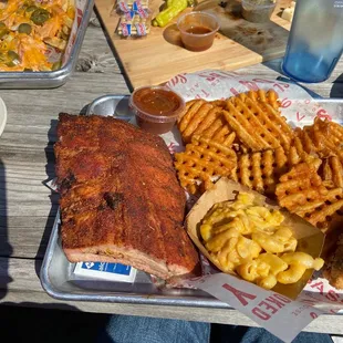 Half-rack ribs, macaroni and cheese, waffle fries