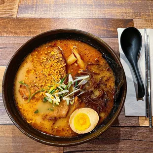 Tonkatsu ramen + black garlic + spicy.