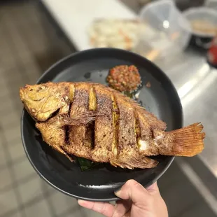 a person holding a plate of fish