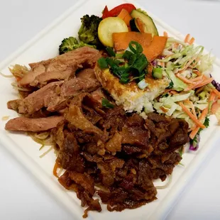 Gluten Free Grilled Chicken &amp; Stir-fry Pork under Filipino Pancit, Baked Panko Tofu, Asian Cole Slaw, and Chop Suey