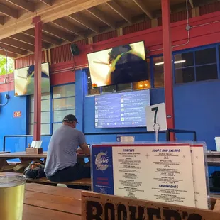a man sitting at a table with a glass of beer