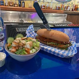 Buffalo chicken sandwich with a side salad