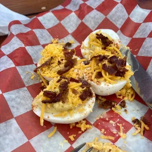 The cheddar cheese &amp; bacon deviled eggs. Amazing!!!!