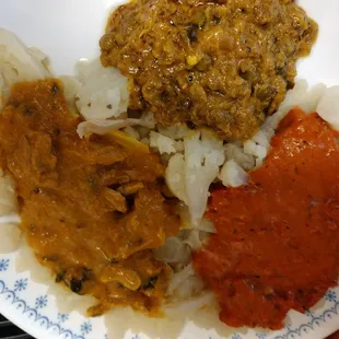 $14 benghan bhartha on top , $16 chicken makhani on bottom right, $16 chicken korma on bottom left