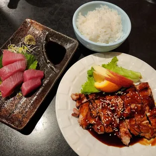 Tuna sashimi and chicken teriyaki