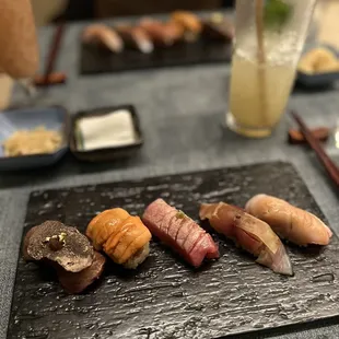 Yellow tail belly, Japanese wild mackerel, fatty tuna, Uni, wagyu with truffle