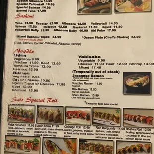 the menu for the restaurant