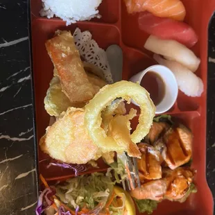 Lunch combo sushi , salmon teriyaki,  tempura