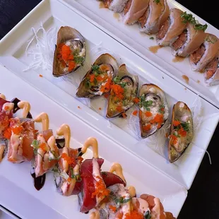 Bottom: Jessica Roll Middle: Baked Green Mussels Top: the Albacore Roll