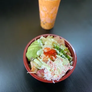 Poke bowl and Thai iced tea