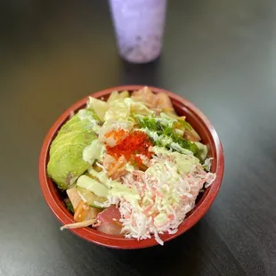 Poke bowl with taro milk tea