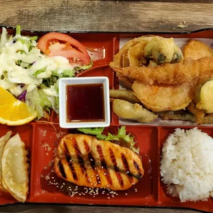 Bento Box. Salman Teriyaki. Mixed Tempura.