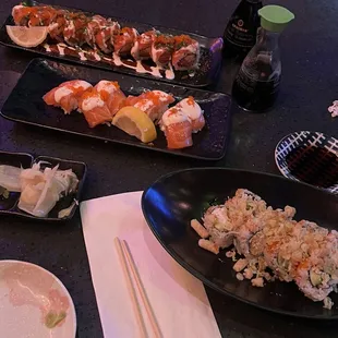 Lemon Salmon Nigiri. Crunchy roll. In N Out Salmon Roll.