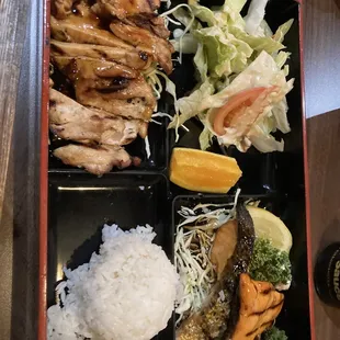 Teriyaki salmon and chicken bento box