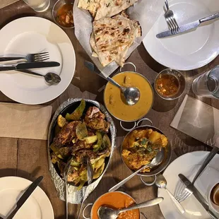 a table of food and utensils