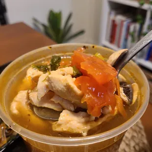 Close-up of Large Tum Yum Soup with Chicken