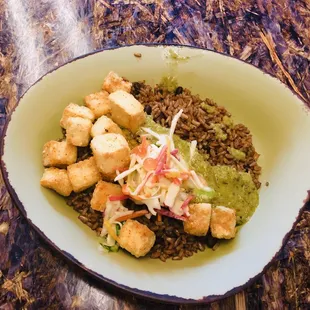 Crispy tofu with black beans and rice base. Incredibly delicious!!!