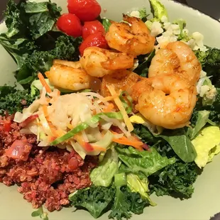 Shrimp salad bowl with red quinoa salad, spicy slaw
