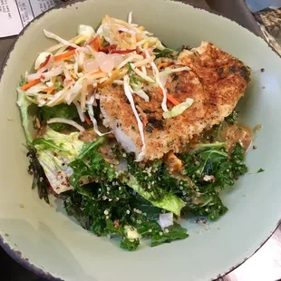 Tasty fish bowl over quinoa, vegetable slaw with black bean vinaigrette $12.99