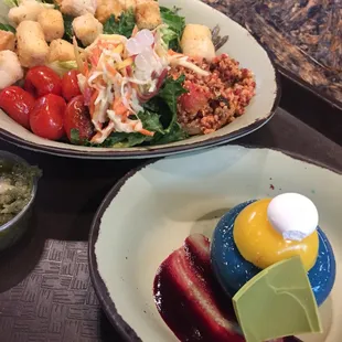 Chili-spiced crispy tofu salad and blueberry cheesecake mousse