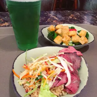 Beef bowl (kids meal) and Tofu Kale Bowl (Kids Meal) with a supersized Grogg Ale (22 oz)