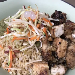 Grilled chicken, grains and rice, and chimichurri sauce. This was actually quite delicious.