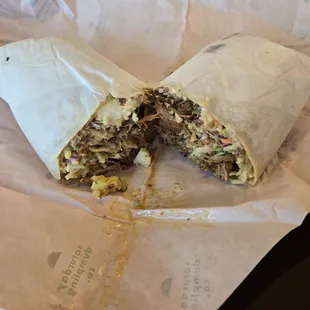 Scallion pancake burrito with braised pulled pork.