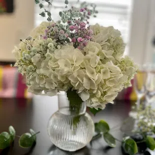 Vase of hydrangeas that were provided for us to enjoy. I was able to keep them.