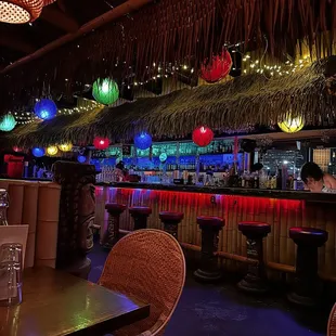 the interior of a tropical bar