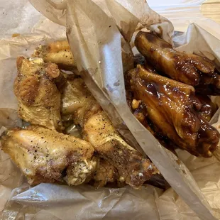 12 classic wings, half lemon pepper, half moonshine bbq sauce