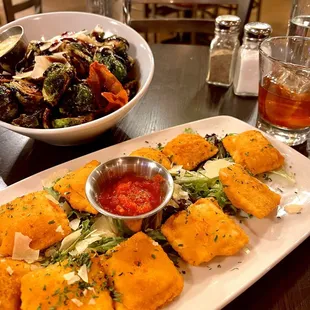 Brussel sprouts, and fried ravioli