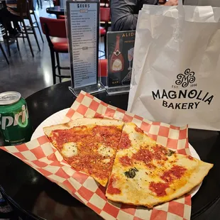 Upside down pizza and regular cheese pizza