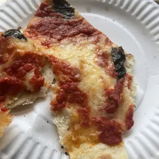 a slice of pizza on a paper plate