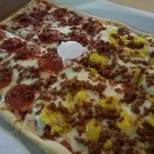 Pepperoni and hot sausage Hot sausage and banana peppers