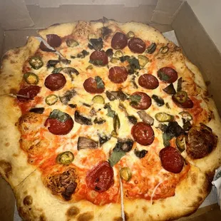 Cheese pizza add pepperoni, mushrooms, jalapeños