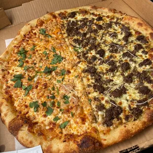 Half Naga Habanero Chicken Pizza half beef pizza